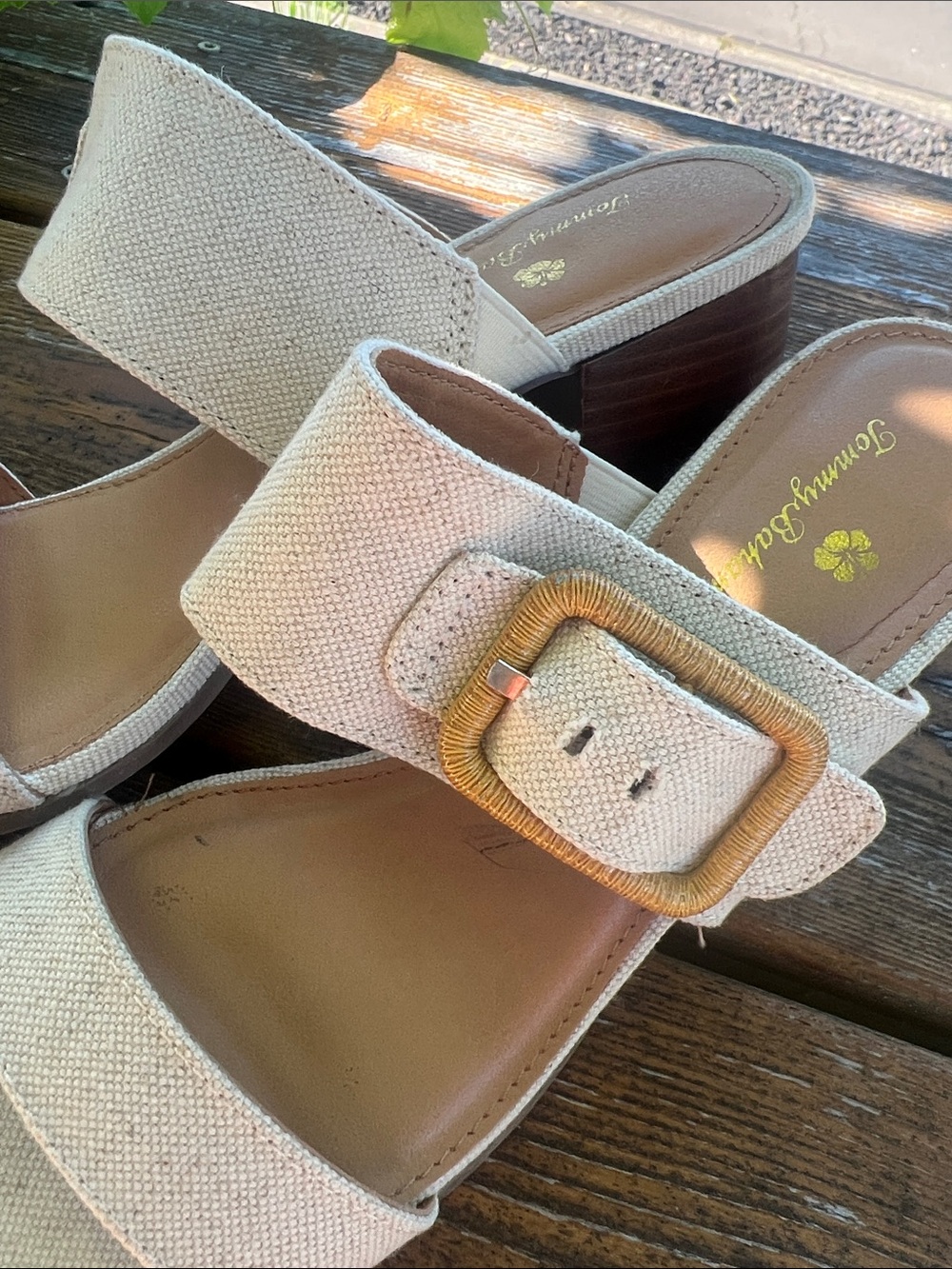 Tommy Bahama Trista Cream Linen Buckle Block Heel Sandals - Picture 8 of 13